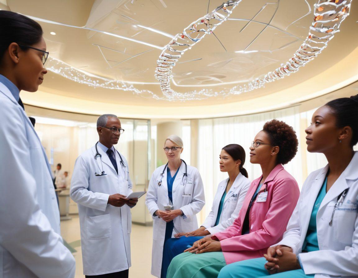 A powerful composition showcasing diverse patients of different ages and ethnicities engaged in discussions with compassionate healthcare professionals. The background features a bright, modern hospital environment with futuristic technology and research elements. Include vibrant visuals of DNA strands and healthy cells symbolizing breakthroughs in cancer treatment. The overall atmosphere should convey hope, empowerment, and collaboration in healthcare. super-realistic. vibrant colors. modern style.