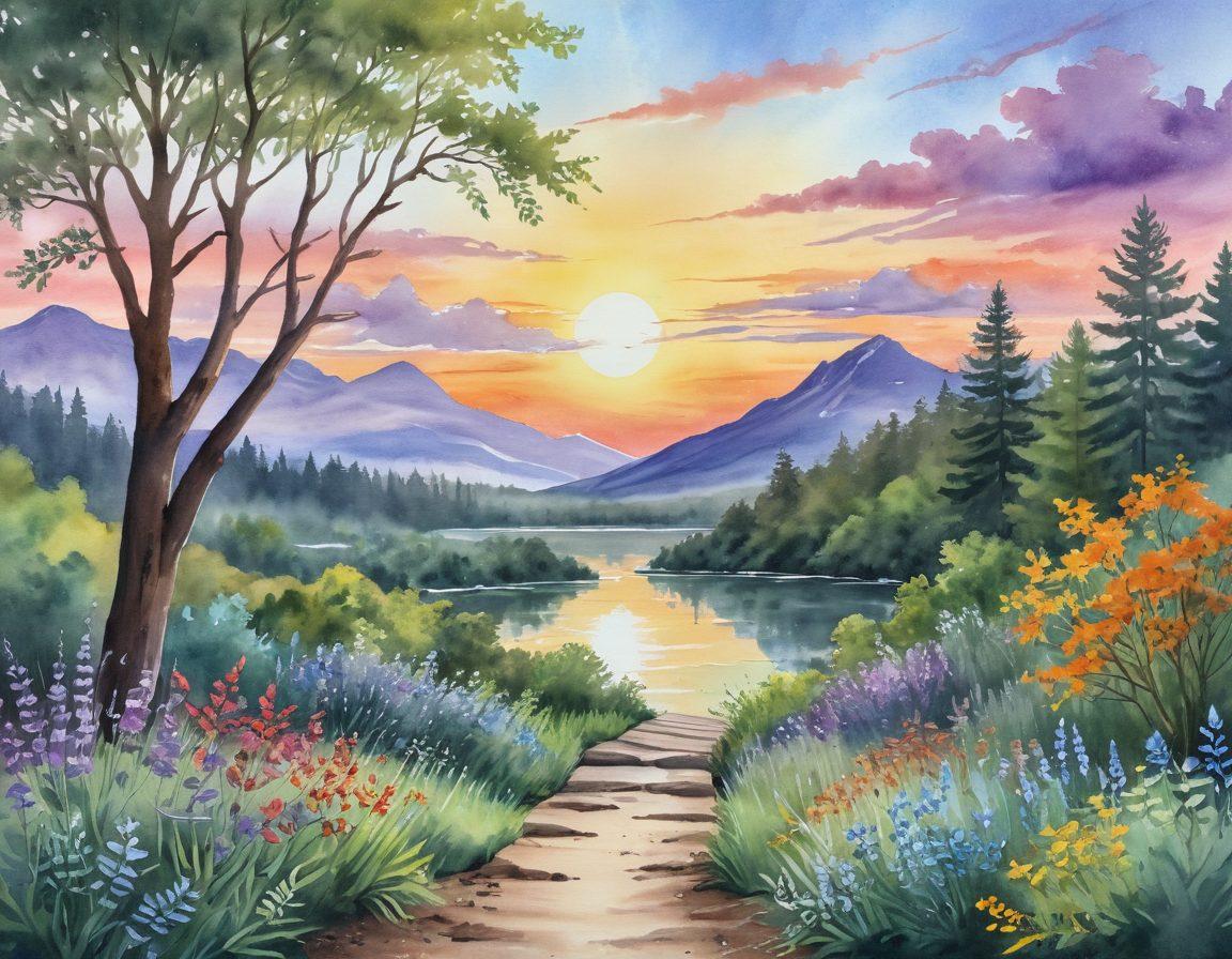 A serene landscape illustrating the journey of recovery, featuring a sunrise symbolizing hope, intertwined with images of medical research, supportive wellness activities like yoga and meditation, and vibrant flora representing growth and healing. The atmosphere should be uplifting and inviting, reflecting resilience and the advancements in treatment. watercolor painting. soft pastels. nature-inspired.