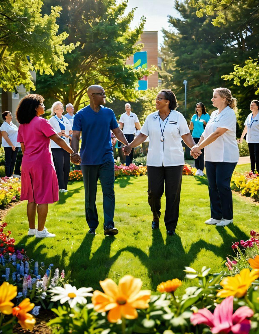 A vibrant, uplifting scene of a diverse group of empowered individuals holding hands in a circle, surrounded by greenery and colorful flowers symbolizing hope and health. In the background, a hospital building subtly emphasizes patient advocacy, with banners promoting cancer prevention. Bright sunlight filters through the trees, illuminating the scene. super-realistic. vibrant colors.